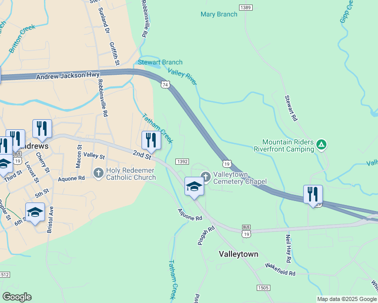 map of restaurants, bars, coffee shops, grocery stores, and more near 142 Whisenhunt Hill Road in Andrews
