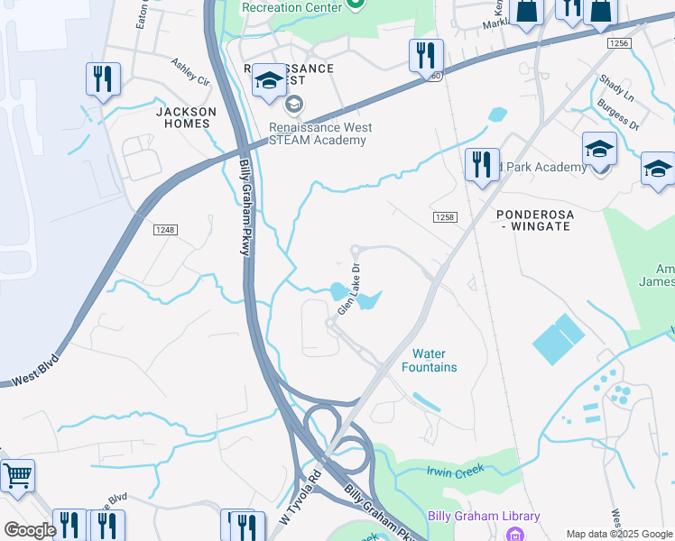 map of restaurants, bars, coffee shops, grocery stores, and more near 3735 Glen Lake Drive in Charlotte