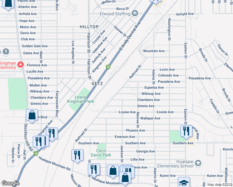 map of restaurants, bars, coffee shops, grocery stores, and more near 1501 Railroad Street in Kingman