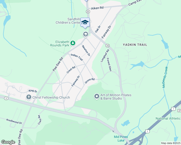 map of restaurants, bars, coffee shops, grocery stores, and more near 145 Indian Trail in Southern Pines