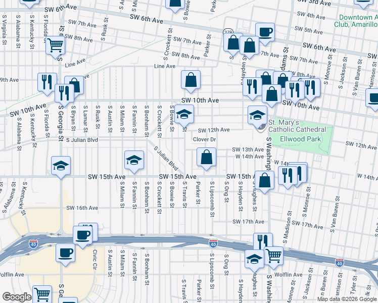 map of restaurants, bars, coffee shops, grocery stores, and more near 1202 South Travis Street in Amarillo