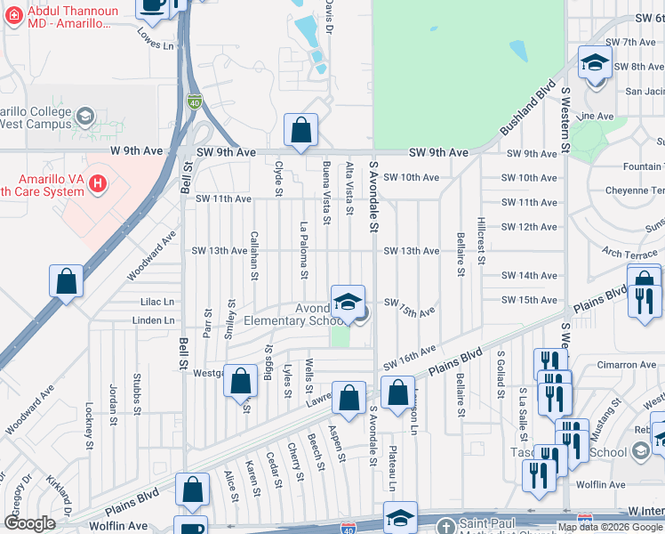 map of restaurants, bars, coffee shops, grocery stores, and more near 1300 Alta Vista Street in Amarillo