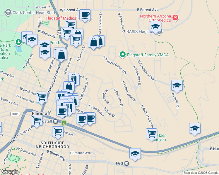 map of restaurants, bars, coffee shops, grocery stores, and more near 410 East Hutcheson Drive in Flagstaff