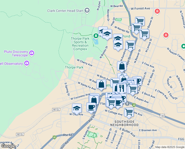 map of restaurants, bars, coffee shops, grocery stores, and more near 620 West Birch Avenue in Flagstaff