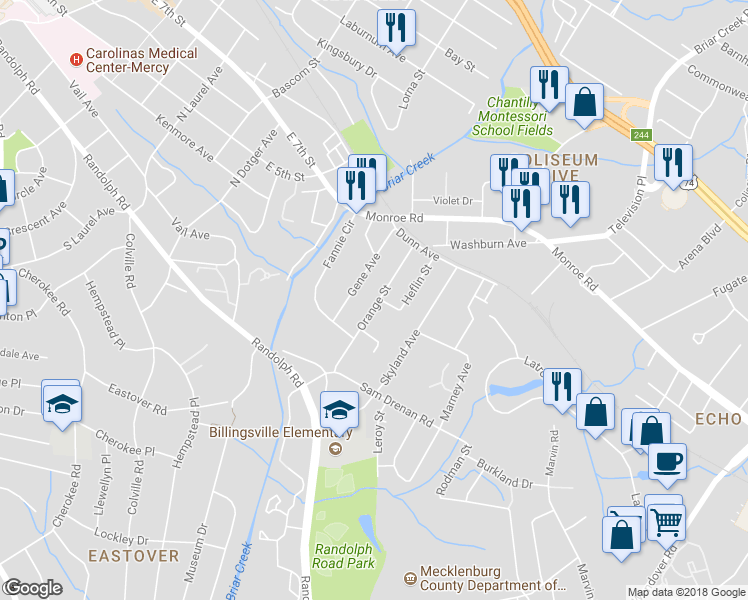 map of restaurants, bars, coffee shops, grocery stores, and more near 317 Orange Street in Charlotte