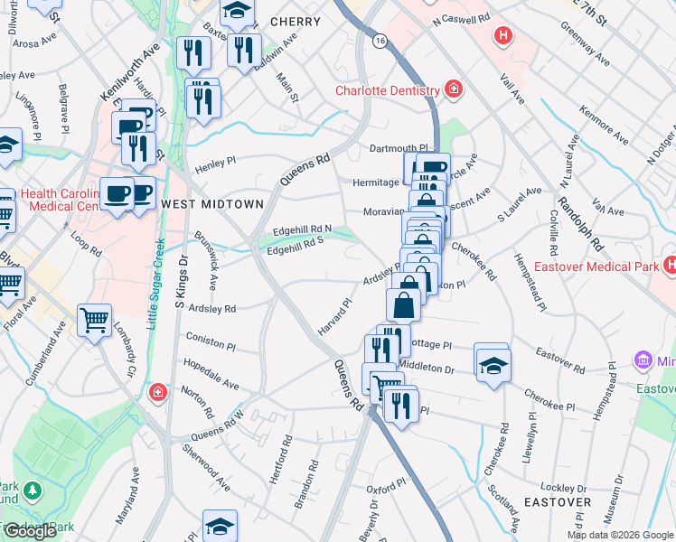 map of restaurants, bars, coffee shops, grocery stores, and more near in Charlotte