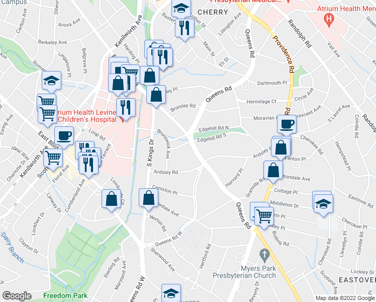 map of restaurants, bars, coffee shops, grocery stores, and more near in Charlotte
