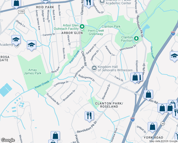 map of restaurants, bars, coffee shops, grocery stores, and more near 1128 Clanton Road in Charlotte