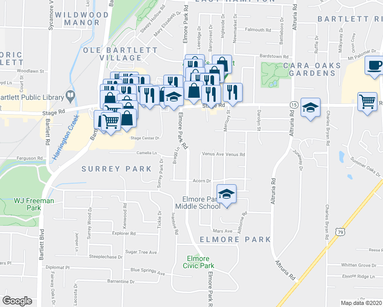 map of restaurants, bars, coffee shops, grocery stores, and more near 6224 Venus Avenue in Memphis
