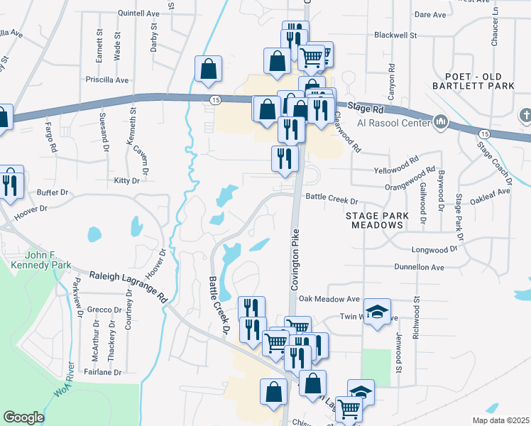 map of restaurants, bars, coffee shops, grocery stores, and more near 2785 Hidden Arbor Court in Memphis