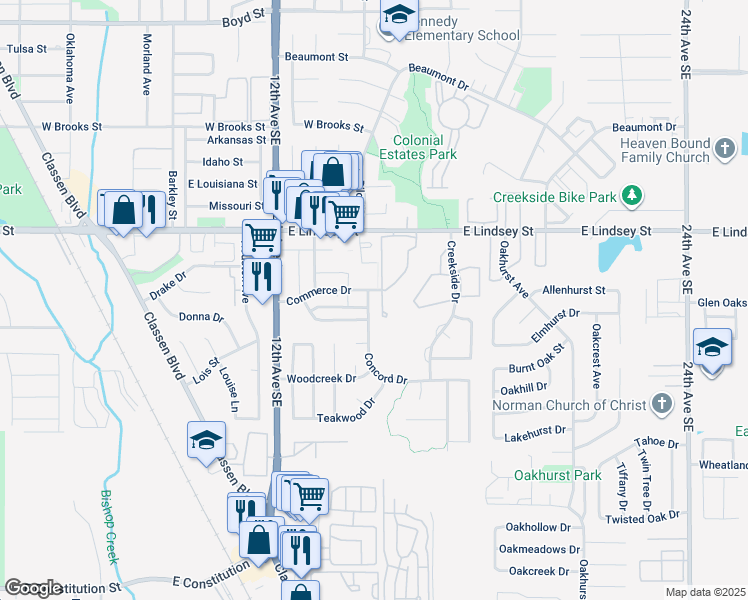 map of restaurants, bars, coffee shops, grocery stores, and more near 1508 East Lindsey Street in Norman