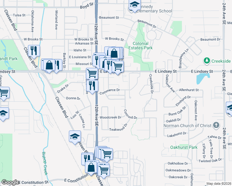 map of restaurants, bars, coffee shops, grocery stores, and more near 1317 Commerce Drive in Norman