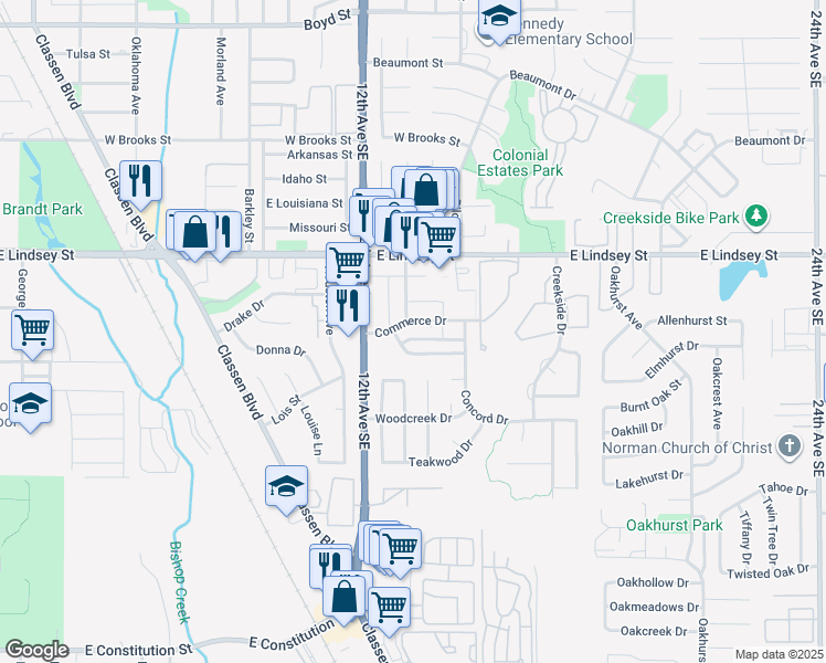 map of restaurants, bars, coffee shops, grocery stores, and more near 1307 Commerce Drive in Norman