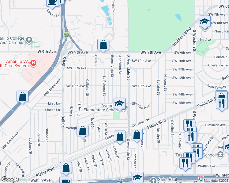 map of restaurants, bars, coffee shops, grocery stores, and more near 1307 Buena Vista Street in Amarillo