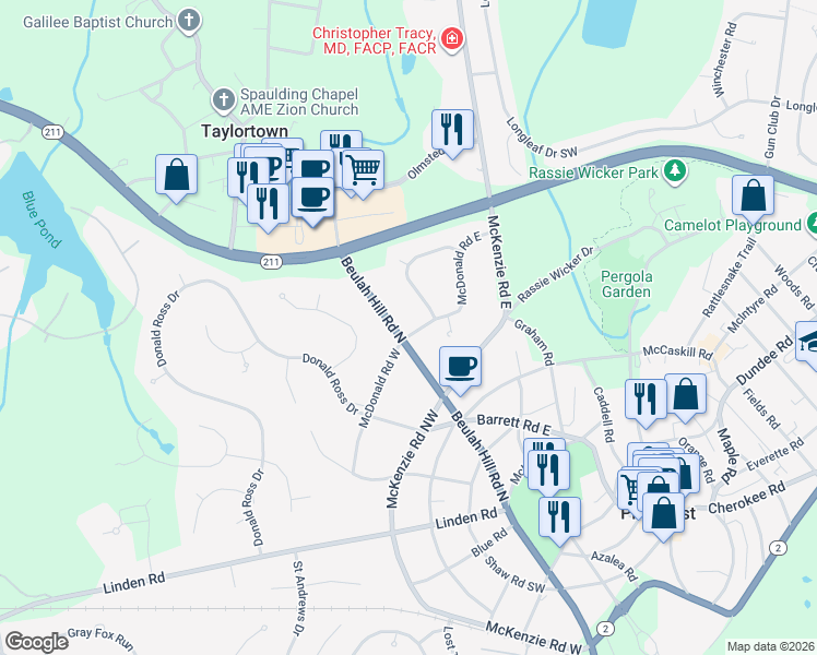 map of restaurants, bars, coffee shops, grocery stores, and more near 1 McDonald Road East in Pinehurst