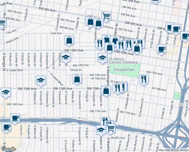 map of restaurants, bars, coffee shops, grocery stores, and more near 1204 Southwest 13th Avenue in Amarillo