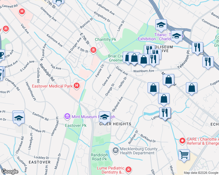 map of restaurants, bars, coffee shops, grocery stores, and more near 317 Orange Street in Charlotte