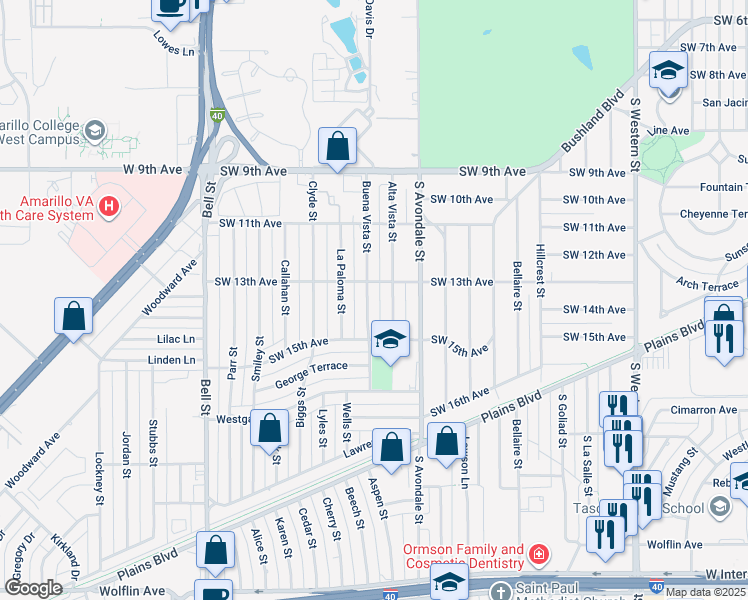 map of restaurants, bars, coffee shops, grocery stores, and more near 1300 Alta Vista Street in Amarillo