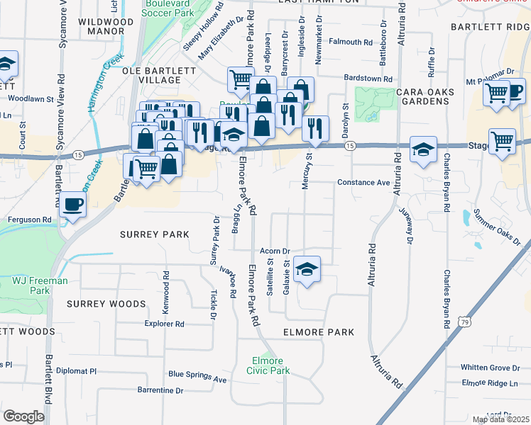 map of restaurants, bars, coffee shops, grocery stores, and more near 2779 Satellite Street in Bartlett