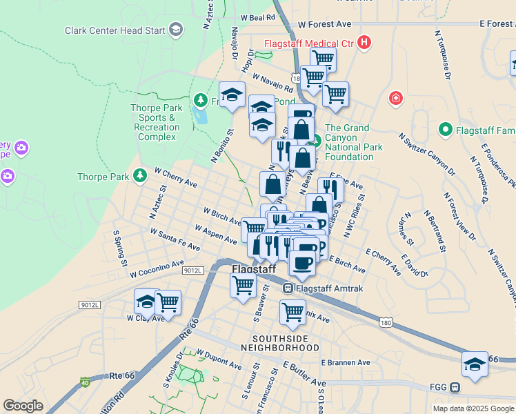 map of restaurants, bars, coffee shops, grocery stores, and more near 302 North Kendrick Street in Flagstaff