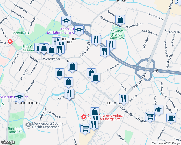 map of restaurants, bars, coffee shops, grocery stores, and more near 634 Chipley Avenue in Charlotte