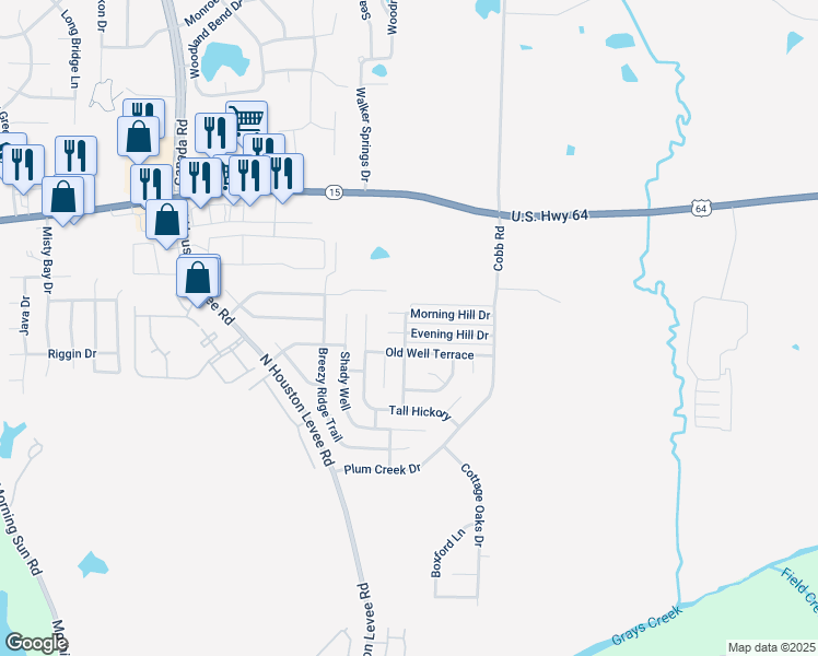 map of restaurants, bars, coffee shops, grocery stores, and more near 10164 Morning Hill Drive in Memphis