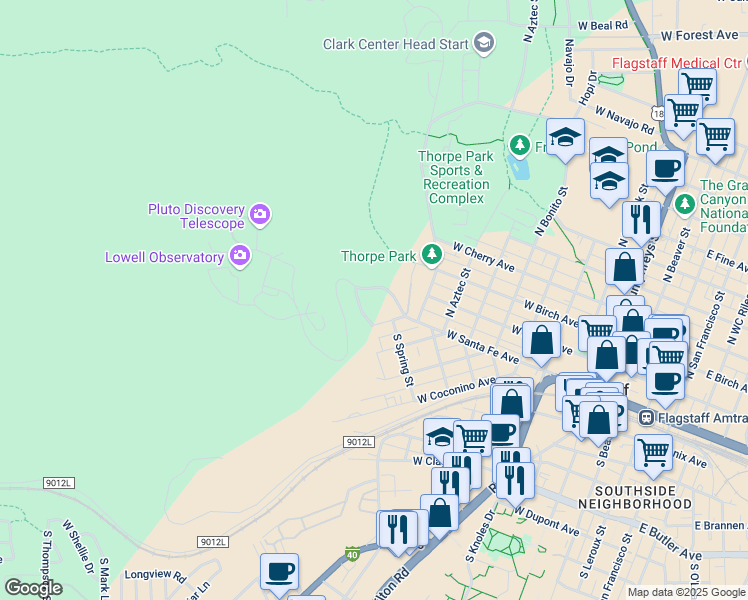 map of restaurants, bars, coffee shops, grocery stores, and more near West Wilson Drive in Flagstaff