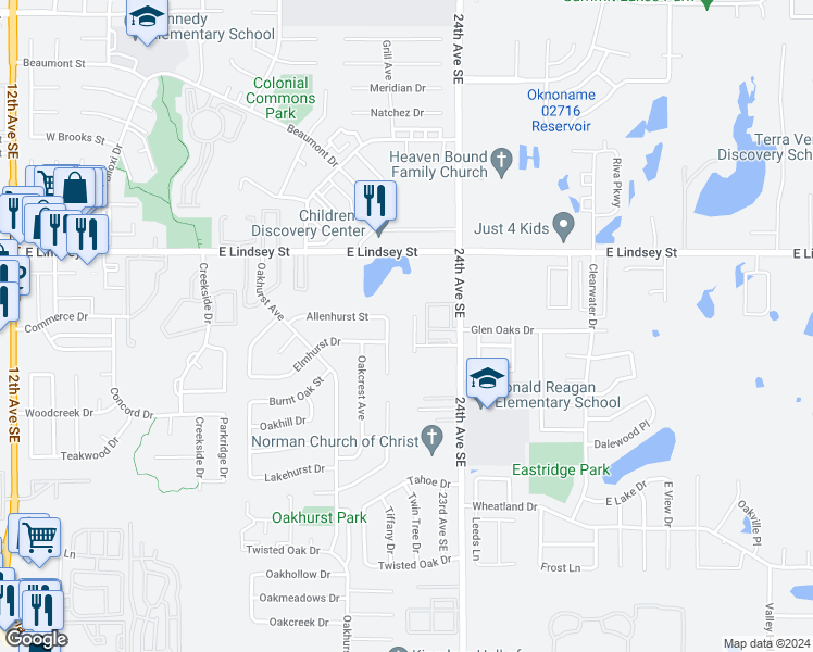 map of restaurants, bars, coffee shops, grocery stores, and more near 1316 Glen Oaks Court in Norman