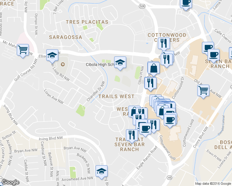 map of restaurants, bars, coffee shops, grocery stores, and more near 10404 Skytrail Court Northwest in Albuquerque
