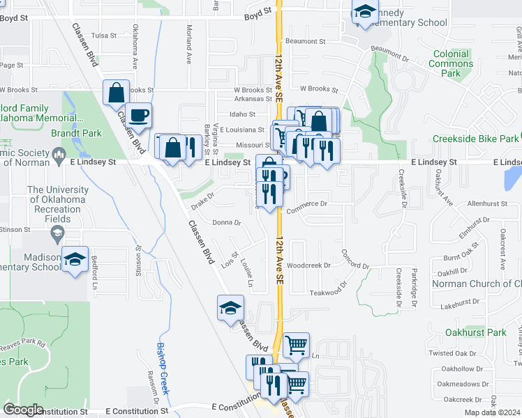 map of restaurants, bars, coffee shops, grocery stores, and more near 2167 Houston Avenue in Norman