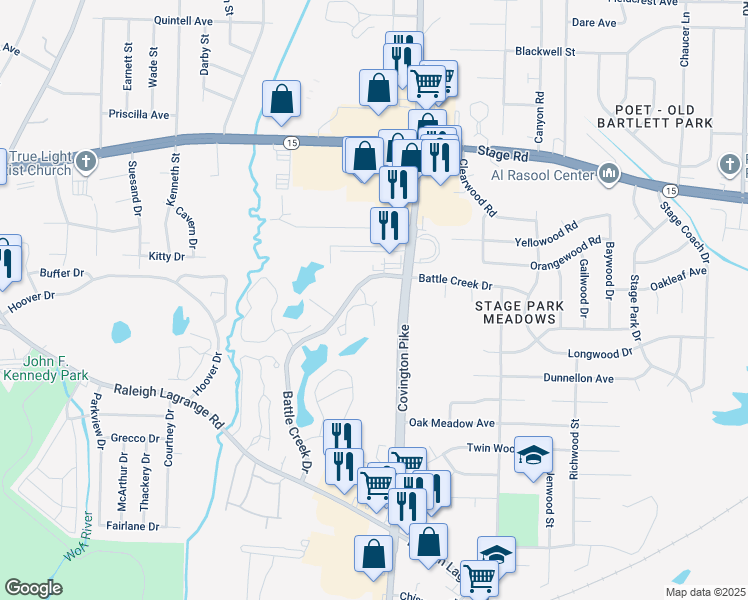 map of restaurants, bars, coffee shops, grocery stores, and more near 2785 Hidden Arbor Court in Memphis