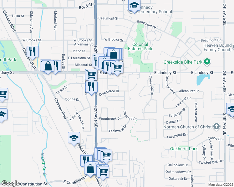 map of restaurants, bars, coffee shops, grocery stores, and more near 1322 Commerce Drive in Norman