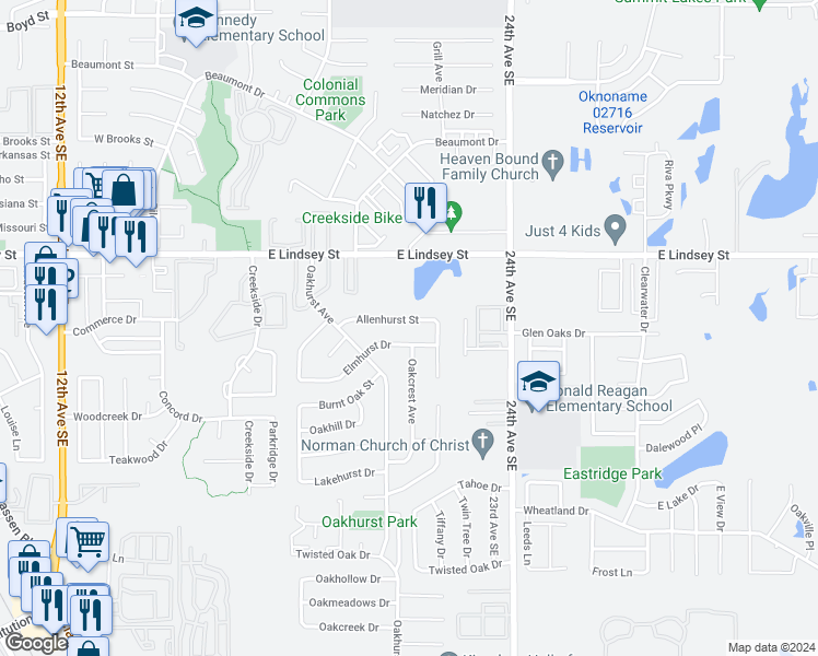 map of restaurants, bars, coffee shops, grocery stores, and more near 2114 Allenhurst Street in Norman