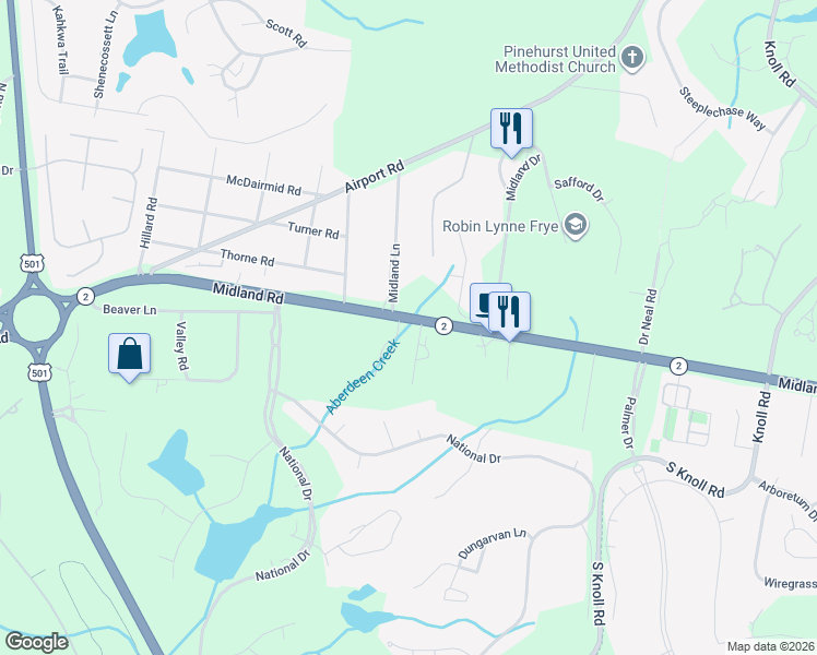 map of restaurants, bars, coffee shops, grocery stores, and more near 2219-2225 Midland Road in Pinehurst