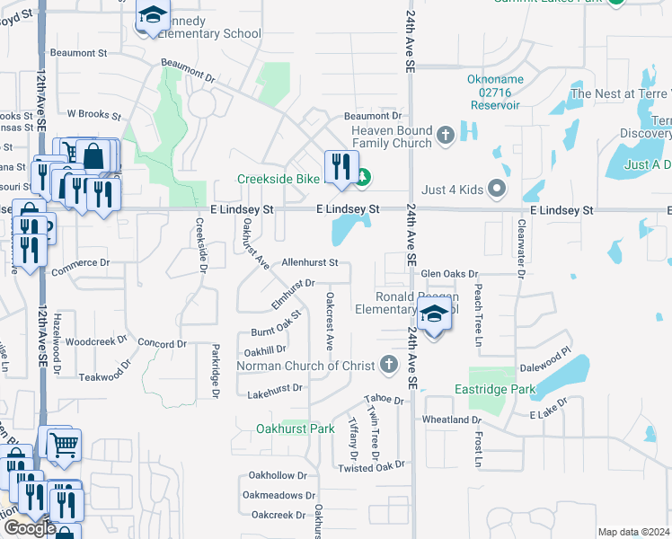 map of restaurants, bars, coffee shops, grocery stores, and more near 2124 Allenhurst Street in Norman