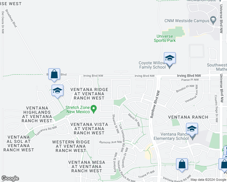 map of restaurants, bars, coffee shops, grocery stores, and more near 10420 Woodquail Drive Northwest in Albuquerque