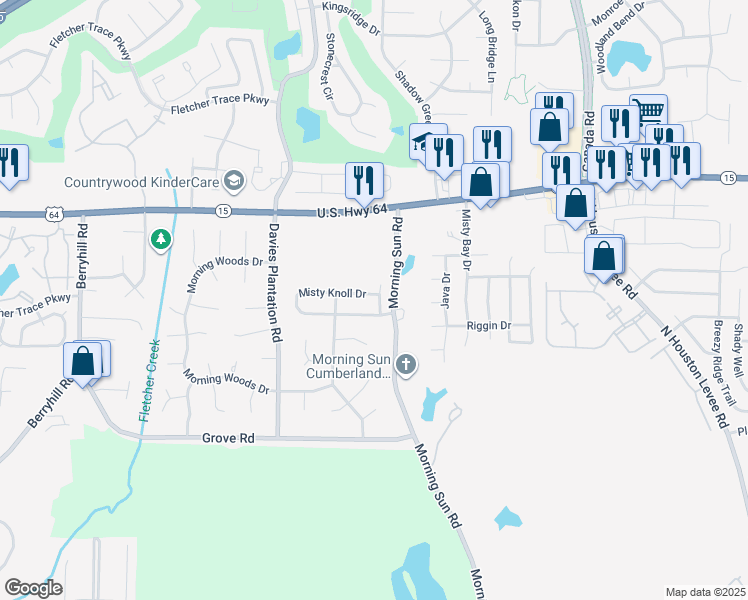 map of restaurants, bars, coffee shops, grocery stores, and more near 9625 Misty Knoll Drive in Memphis