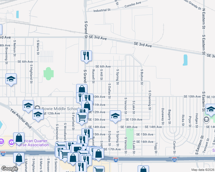 map of restaurants, bars, coffee shops, grocery stores, and more near 801 South Dallas Street in Amarillo