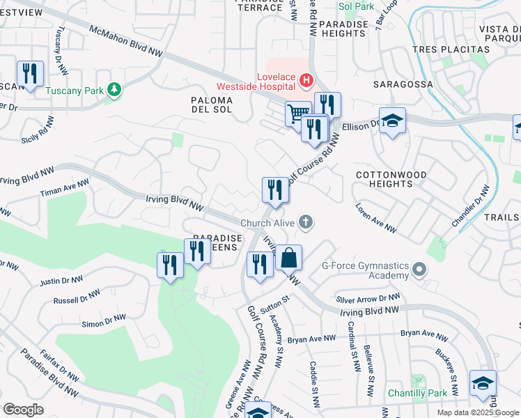 map of restaurants, bars, coffee shops, grocery stores, and more near 4701 Irving Boulevard Northwest in Albuquerque