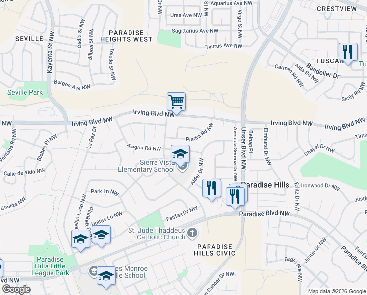 map of restaurants, bars, coffee shops, grocery stores, and more near 5752 Piedra Road Northwest in Albuquerque