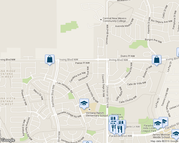 map of restaurants, bars, coffee shops, grocery stores, and more near 10420 Vendaval Avenue Northwest in Albuquerque