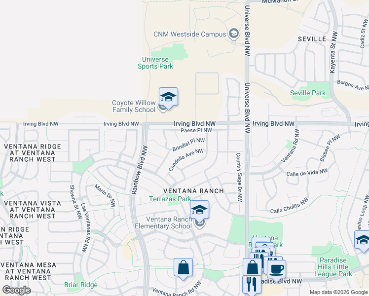 map of restaurants, bars, coffee shops, grocery stores, and more near 6901 Brindisi Place in Albuquerque