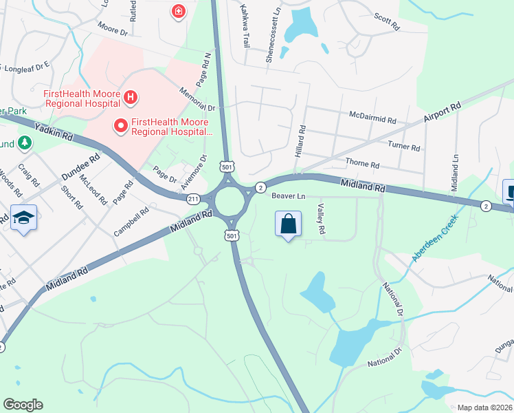 map of restaurants, bars, coffee shops, grocery stores, and more near 230 Robin Lane in Pinehurst