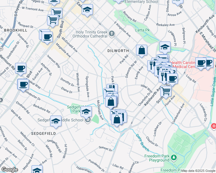 map of restaurants, bars, coffee shops, grocery stores, and more near 2117 Kirkwood Avenue in Charlotte