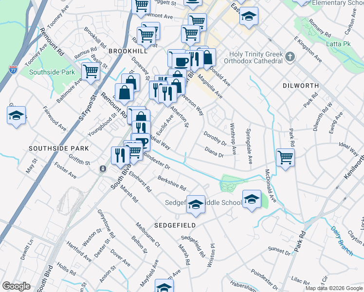 map of restaurants, bars, coffee shops, grocery stores, and more near 501 Atherton Street in Charlotte
