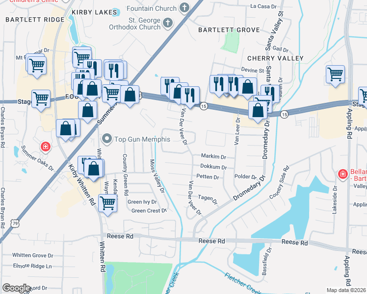 map of restaurants, bars, coffee shops, grocery stores, and more near 7030 Laura Circle South in Memphis