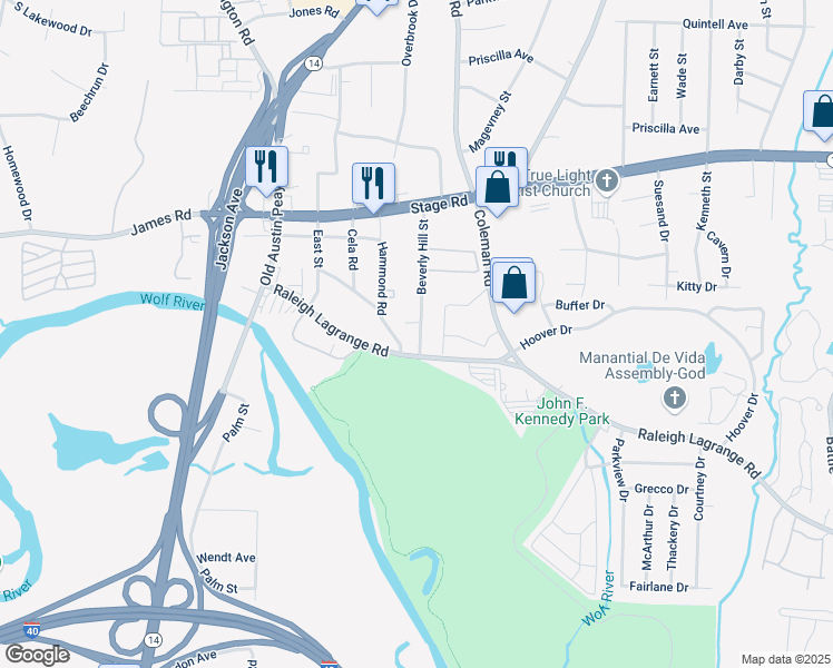 map of restaurants, bars, coffee shops, grocery stores, and more near 2813 Beverly Hill Street in Memphis