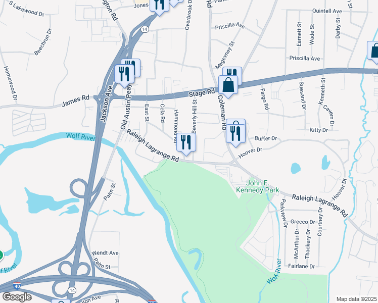map of restaurants, bars, coffee shops, grocery stores, and more near 2813 Beverly Hill Street in Memphis