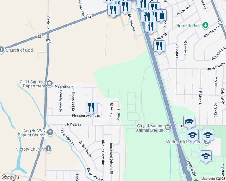 map of restaurants, bars, coffee shops, grocery stores, and more near East Brinkley Loop in Marion