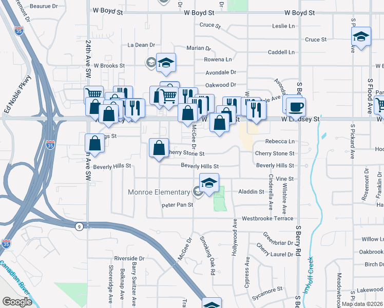 map of restaurants, bars, coffee shops, grocery stores, and more near 1811 Cherry Stone Street in Norman